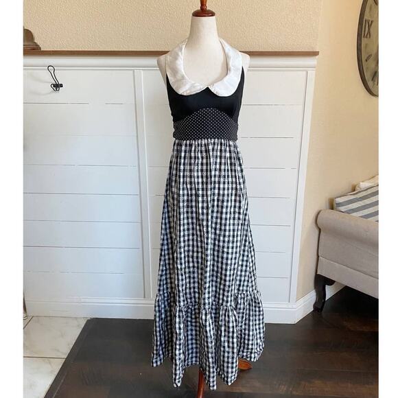 VTG Young Edwardian Arpeja Black & White Gingham Maxi Dress 7 - Picture 2 of 13